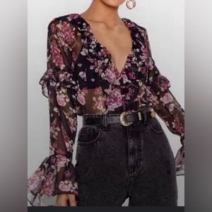 Nasty Gal Floral Sheer Ruffle Blouse Size 0